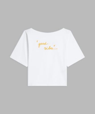 ＜agnes b. (Women)＞プリント　オーガニックコットン　ボートネック　５分袖Ｔシャツ　”ｇｏｏｄ　ｖｉｂｅｓ／　ｂａｄ　ｖｉｂｅｓ”（ＥＤＢ６ＳＦＥ６０１０）
