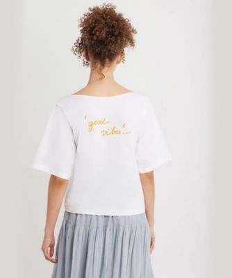 プリント オーガニックコットン ボートネック 5分袖Tシャツ