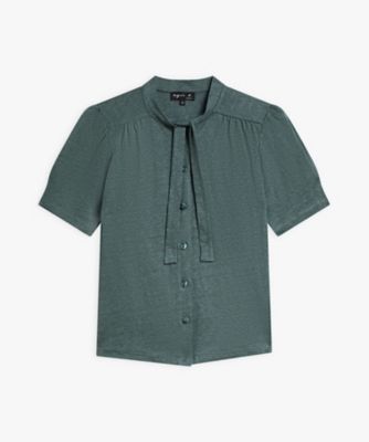 ＜agnes b. (Women)＞リネン　リボンタイ　半袖　ブラウス　”Ｌａｕｒｅｎｅ”（Ｆ３２１ＪＤＪ６７０２０）