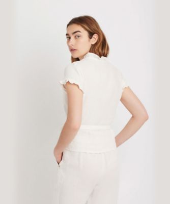 美品 agnès b. アニエスベー 半袖 リネン オープンカラー ブラウス リネン 丸襟 半袖 ブラウス 