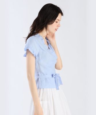 agnès b. FEMME リネン フリル 半袖 カシュクールブラウス　36 リネン フリル 半袖 カシュクールブラウス