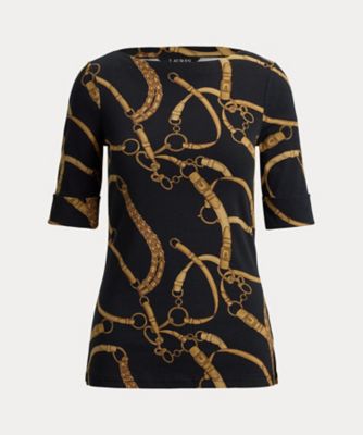 ローレンラルフローレン シャツワンピース チェーン柄 金ボタン 黒 L ベルティングプリント コットン ボートネック Tシャツ