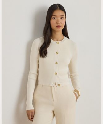 週末セール Ralph Lauren クルーネック カーディガン ホワイト M コットン クルーネック カーディガン（WMPOSWENDW20477