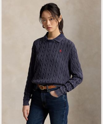 完売✨ ポロラルフローレン スキニー フィット ケーブル コットン ポロ M ケーブルニット コットン ポロカラー セーター