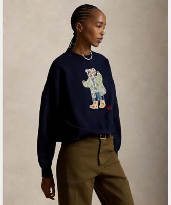 ポロラルフローレン ポロベアフリーススウェット S(M相当) パッチワーク Polo ベア フリース クルーネック