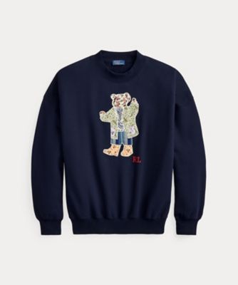 POLO RALPH LAUREN パッチワークフリーススウェット ネイビー L パッチワーク Polo ベア フリース クルーネック