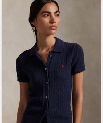 ケーブル コットン ショートスリーブ Polo カーディガン
