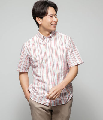 NEWYORKER (Men)/ニューヨーカー【吸水速乾】パナマサッカー ストライプ 半袖ショートボタンダウンシャツ(202411772745) 10レッド トップス【三越伊勢丹/公式】