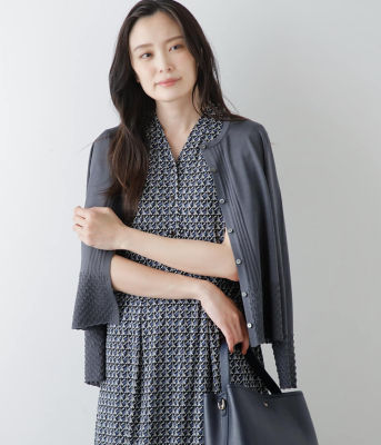 L】透かしレース編み 長袖クルーネックカーディガン  