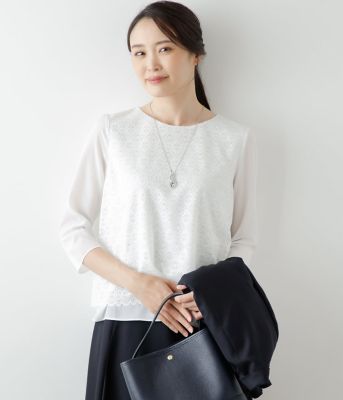 NEWYORKER L PLUS (Women/大きいサイズ)/ニューヨーカー Ｌ ＰＬＵＳ 【Ｌ】フラワーフレームラッセルレース　７分袖カットソープルオーバー（２０２４８６８２３９３５）