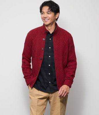 【極美品】BARNEYS NEWYORK×米富繊維 スタンドカラー カーディガン カシミヤ混 ケーブル スタンドカラーカーディガン