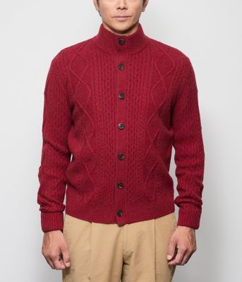 カシミヤ混 ケーブル スタンドカラーカーディガン