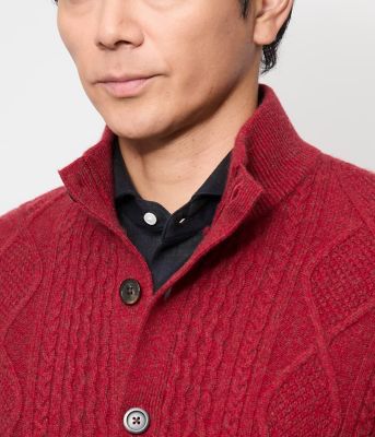 カシミヤ混 ケーブル スタンドカラーカーディガン