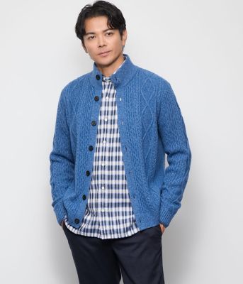 カシミヤ混 ケーブル スタンドカラーカーディガン