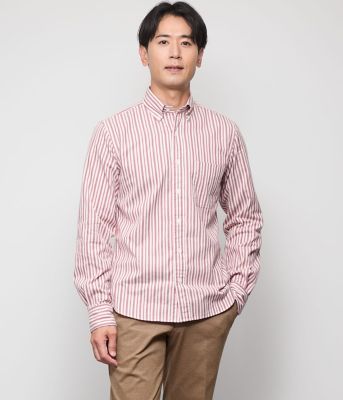 群言堂　ピンクと白のストライプ長袖シャツ ピケ ストライプ 長袖ショートボタンダウンシャツ