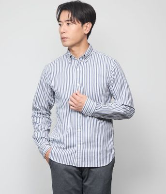 ピケ ストライプ 長袖ショートボタンダウンシャツ