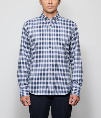 起毛 ネルグラデーションチェック 長袖ショートボタンダウンシャツ