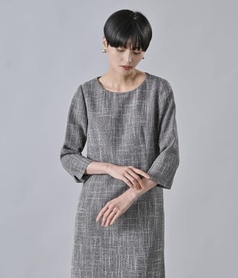 チャンキーツィード 7分袖Aラインワンピース