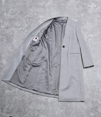 カシミヤ混ビーバー ノーカラーVネックコート