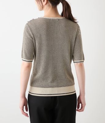 ラメミジンボーダー 5分袖クルーネックプルオーバー