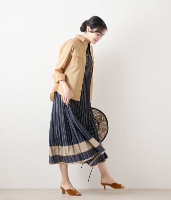 美品【45R】リネン100% ストライプ 半袖 ワンピース R刺繍 ゆったり コットンリネンストライプ スキッパーロングワンピース
