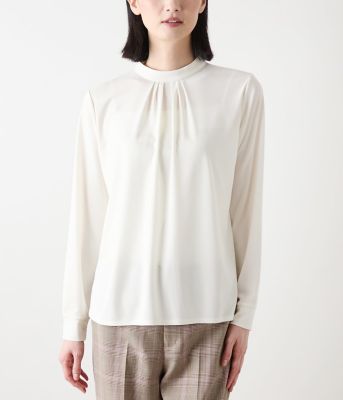BYARDS 　レディース モックネックトレーナー ポリエステル強撚スムース ボウタイ付きハイネックカットソー