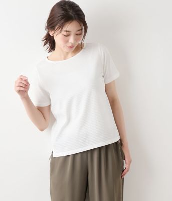 ＜NEWYORKER (Women)＞【吸水速乾】格子サッカージャカードシルケット　クルーネックカットソー（２０２５５１８５５６６１）