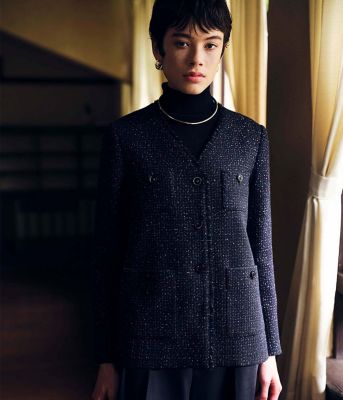 L】ネオンカラーミックスツィード ノーカラージャケット