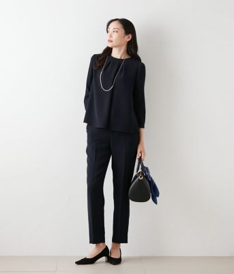 【Ｌ】【ウォッシャブル】ダブルフェイス　クロップドテーパードパンツ（ネイビー）（２０２５５４３１５１１１）