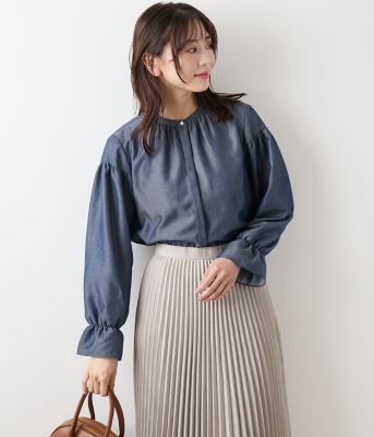 L】ダンガリーツイル ギャザーフリルブラウス