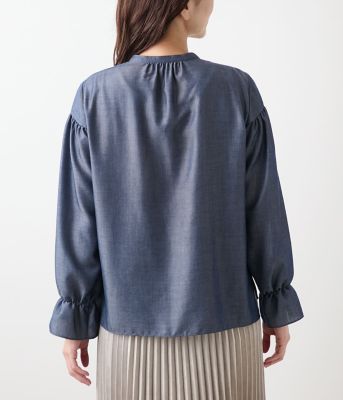 L】ダンガリーツイル ギャザーフリルブラウス