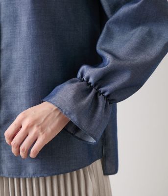 L】ダンガリーツイル ギャザーフリルブラウス