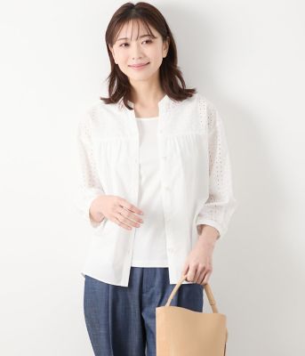 ＜NEWYORKER L (Women/大きいサイズ)＞【Ｌ】コットンエンブロイダリーレース　切替え７分袖ブラウス（２０２５５４６４５２５３）