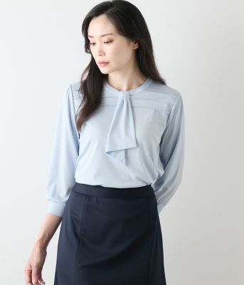 【SALE】【送料無料】NEWYORKER L (Women/大きいサイズ)/ニューヨーカー L トリアセ強撚スムース 7分袖ボウタイカットソー(202554826710) 73サックス トップス【三越伊勢丹/公式】