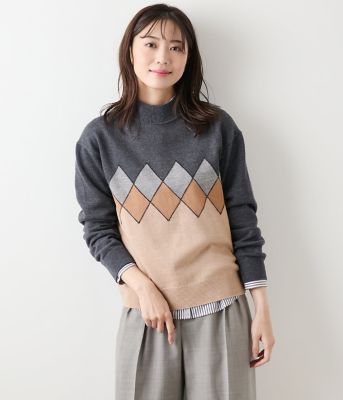 ＜NEWYORKER L PLUS (Women/大きいサイズ)＞【Ｌ】エクストラファインメリノウール　モダンアーガイルハイネックプルオーバー（２０２５５９７１６５６１）