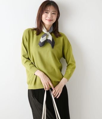 ＜NEWYORKER L PLUS (Women/大きいサイズ)＞【Ｌ】【手洗い可能】ＴＣヘリンボーン　７分袖ニットプルオーバー（２０２５５９７２６５５２）