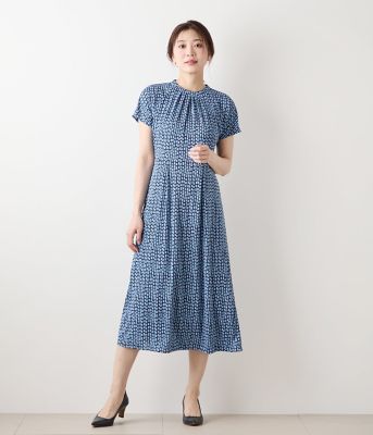 L】ポリエステル強撚スムース 幾何学プリント フレンチスリーブ