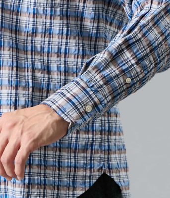 吸水速乾】サッカー ネイビーチェック 長袖ショートボタンダウンシャツ