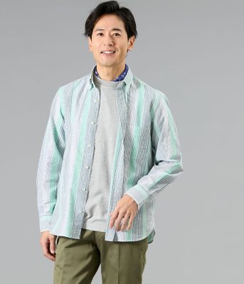 吸水速乾】サッカー マルチストライプ 長袖ショートボタンダウンシャツ