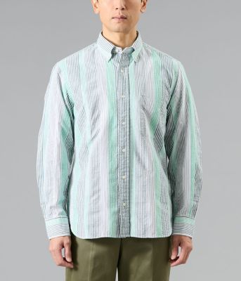 吸水速乾】サッカー マルチストライプ 長袖ショートボタンダウンシャツ