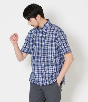 ＜NEWYORKER (Men)＞【吸水速乾】ネイビーチェック　サッカー　半袖ショートボタンダウンシャツ（２０２６１１７７８７４７）