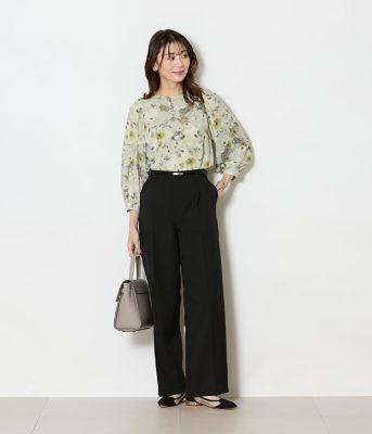 ルミナスフラワープリント 8分袖シャーリングブラウス