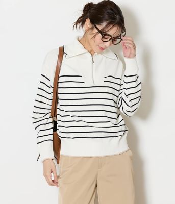 手洗い可能】コットン片畔ボーダー ハーフジップニットプルオーバー