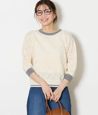 ＜NEWYORKER (Women)＞【手洗い可能】クロッシェ編み透かし柄　７分袖プルオーバー（２０２６５１７２８６２１）