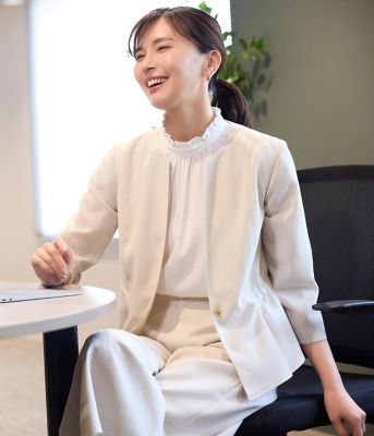 ＜NEWYORKER L (Women/大きいサイズ)＞【Ｌ】【接触冷感・ＵＶカット・ウォッシャブル・防しわ】リネンライクドライブレンド　ノーカラーブラウスジャケット（２０２６５４１２８１５０）
