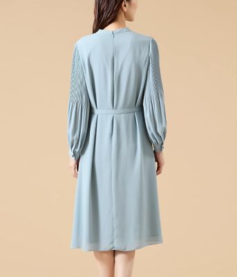 L】【ウォッシャブル】ソフトジョーゼット 袖プリーツワンピース