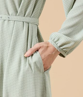 L】ジオメトリックプリント スタンドギャザーワンピース