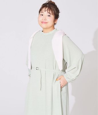 L】ジオメトリックプリント スタンドギャザーワンピース