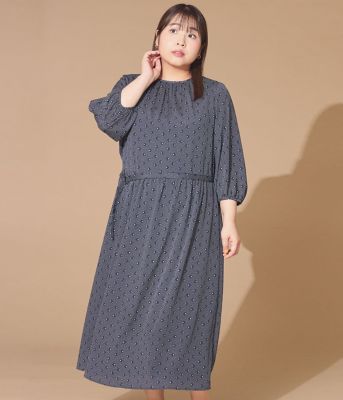 L】ダイヤドットプリント ベルト付きギャザーワンピース