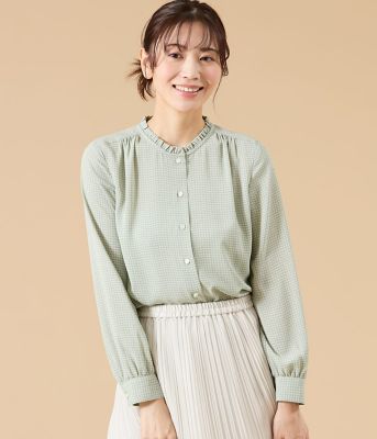 ＜NEWYORKER L (Women/大きいサイズ)＞【Ｌ】ジオメトリックプリント　スタンドフリルブラウス（２０２６５４６１８１１５）